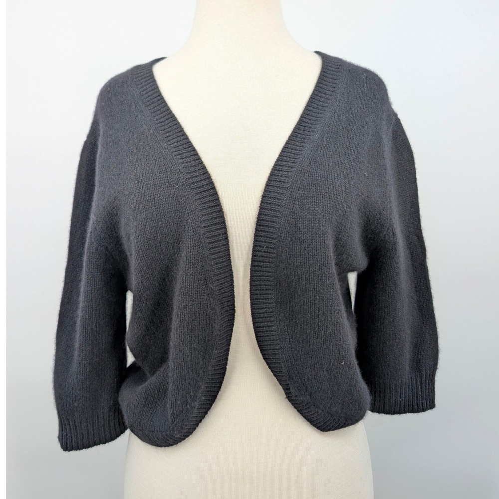 TSE Black Cashmere Open Front Cropped Cardigan Sweater Women's Large 3/4 Sleeve